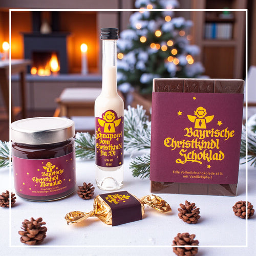 Bayerische Weihnachtsgeschenke: Brotzeitbrett, Bauernsenf und Weihnachtspralinen
