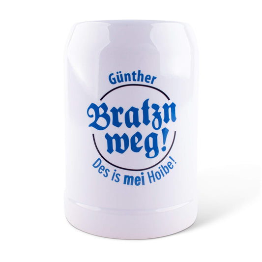 Bierkrug "Bratzn weg!" mit Wunschname - meinherzschlag.de
