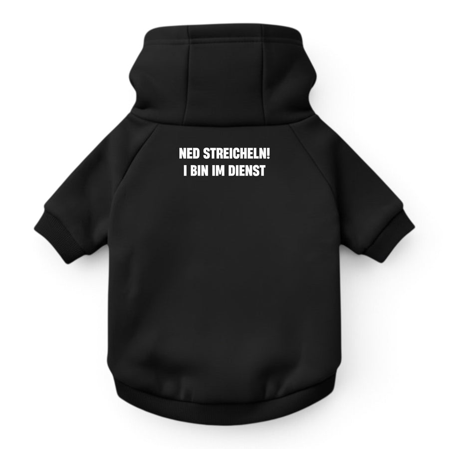 Hunde-Hoodie "Ned streicheln! I bin im Dienst" schwarz