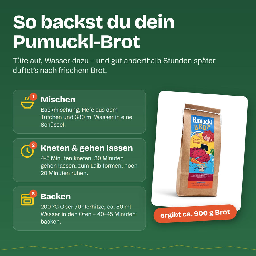 So backst du das Pumuckl-Brot: Backmischung mit Hefe und 380 ml Wasser mischen, kneten und gehen lassen, bei 200 °C 40–45 Minuten backen – ergibt ca. 900 g Brot