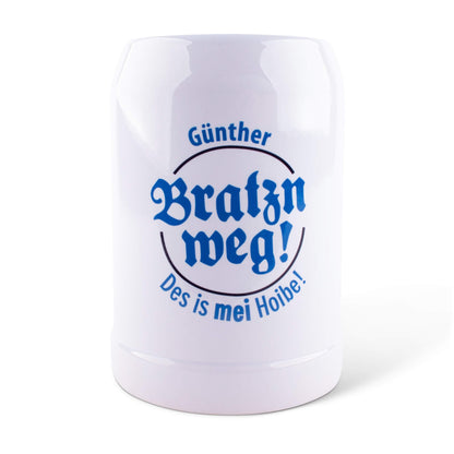 Bierkrug "Bratzn weg!" mit Wunschname - meinherzschlag.de