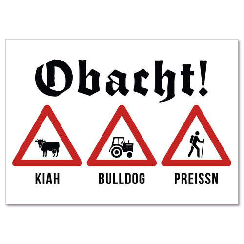 Postkarte "Obacht - Kiah, Bulldog und Preissn" - meinherzschlag.de