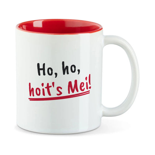 Weiße Tasse mit roter Innenseite und dem bairischen Spruch „Ho, ho, hoit's Mei!“ in Pinselschrift.
