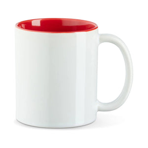 Weiße Tasse mit roter Innenseite, auf der dein Spruch steht.