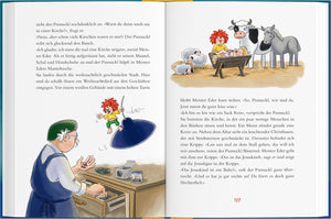 Doppelseite aus dem Pumuckl Vorlesebuch: Meister Eder und Pumuckl in der Werkstatt, daneben eine Krippe mit Jesuskind, Tieren und Pumuckl.